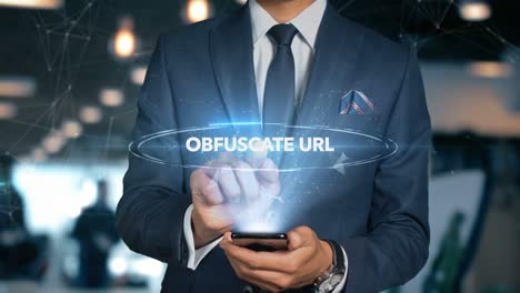 hombre de negocios holograma palabra ofuscar url