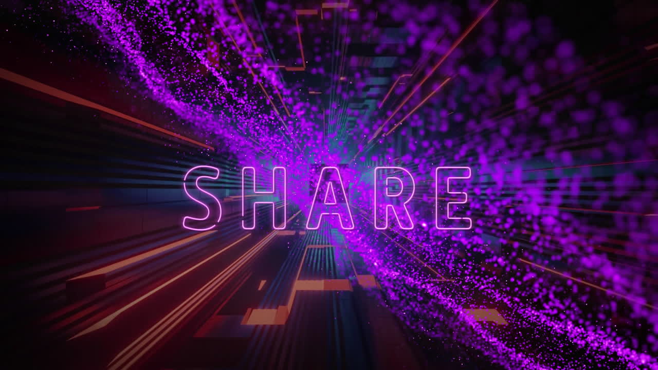 SHARE text animation with purple particles and light streaks over dark background