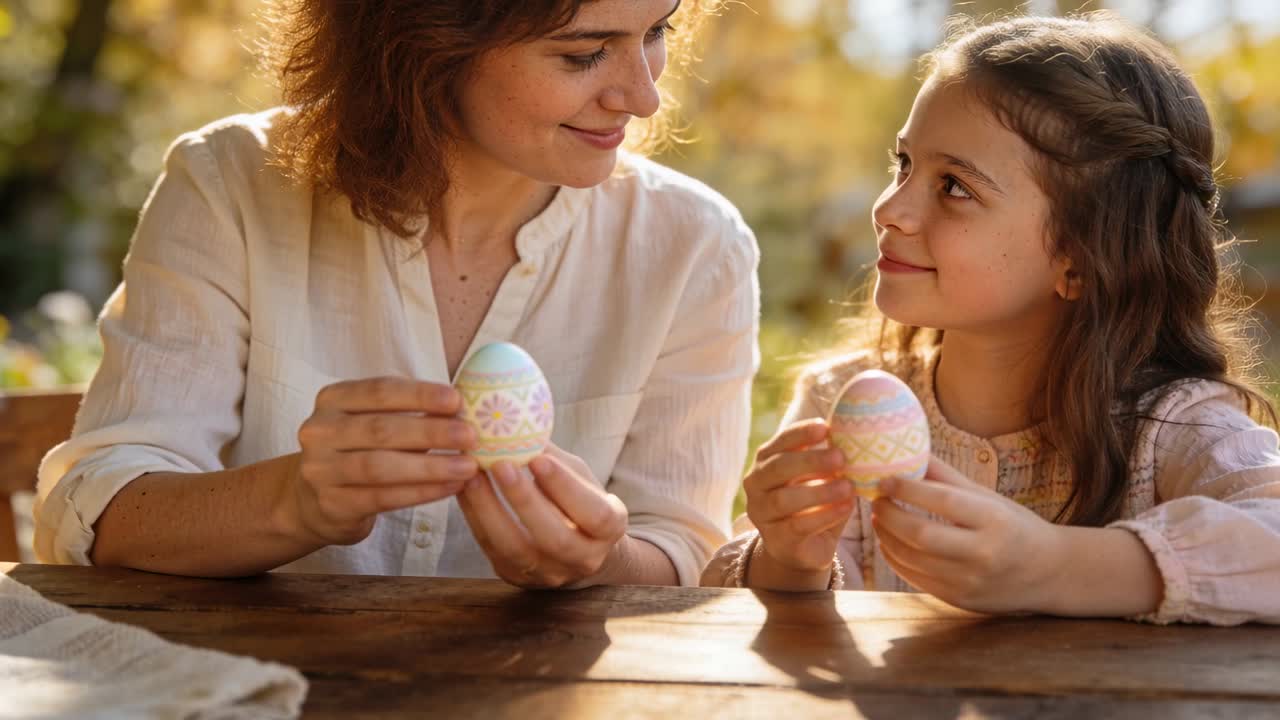 Picking up pastel eggs, mom and daughter comparing designs at wooden table, wearing blouse, smiling