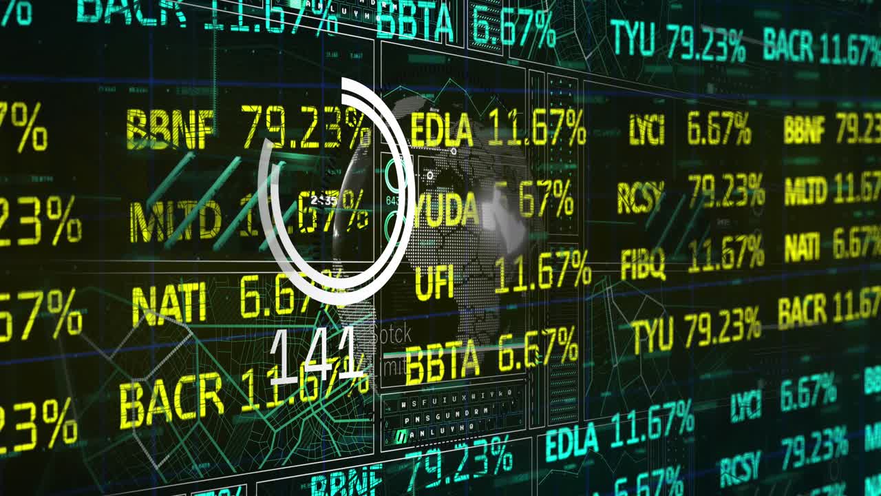 Animazione del mercato azionario e dell'elaborazione dati con globo su sfondo nero.