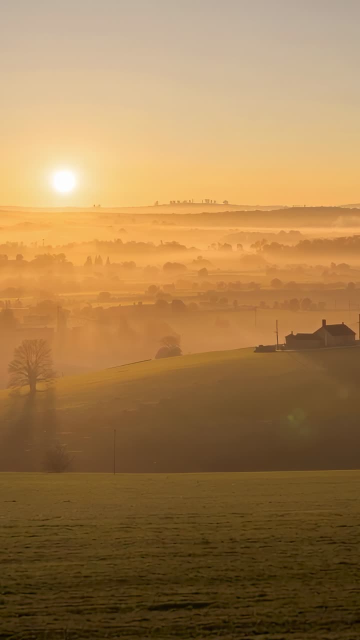 Verticale video: Mistige landelijke vallei baadt in licht, opkomende zon verdrijft mist en onthult een boerderij en een boom.