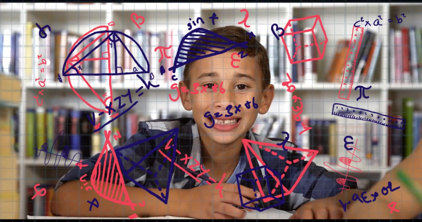 Boy pausing writing in notebook, lifting head and making eye contact while red blue math overlaying