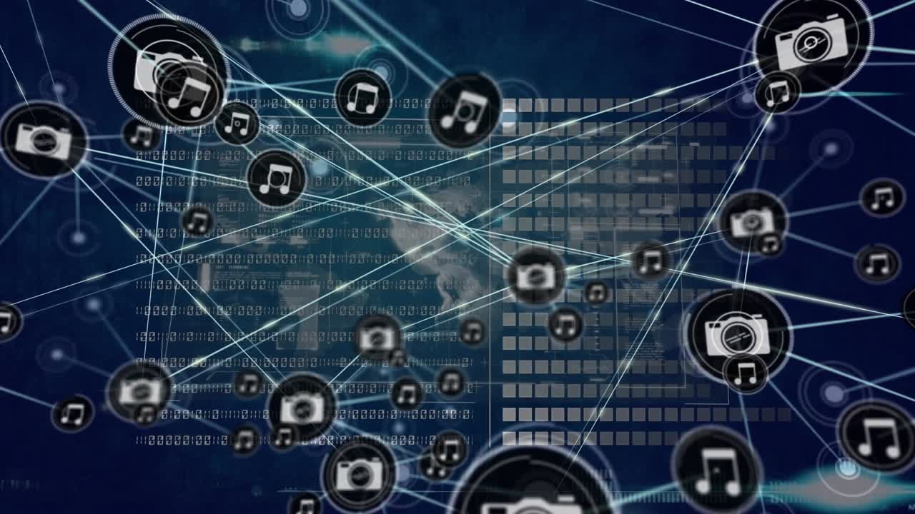 Animación de una red de conexiones con iconos y procesamiento de datos