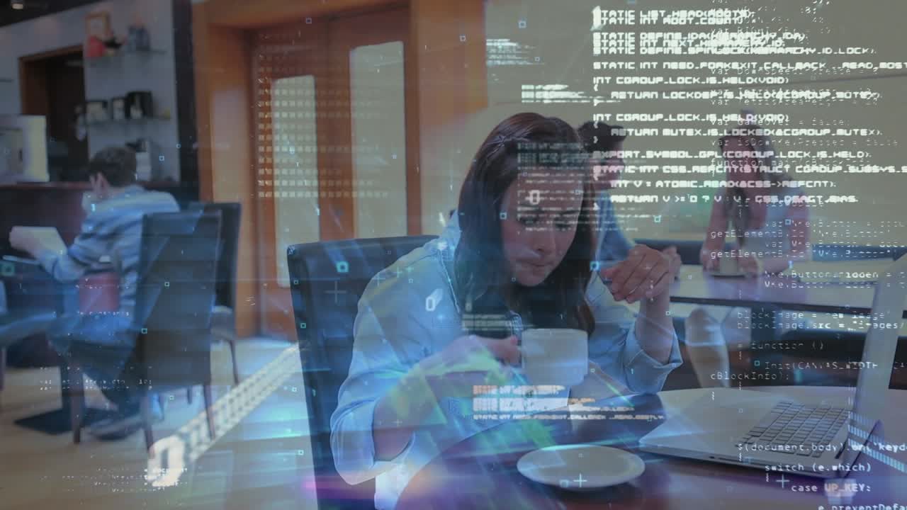 Animation of data processing over caucasian students using laptop