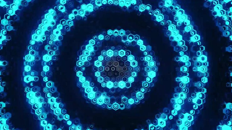 Vista superior abstrata de anéis hexagonais azuis brilhantes pulsando em uma superfície escura. Renderização 3D em loop