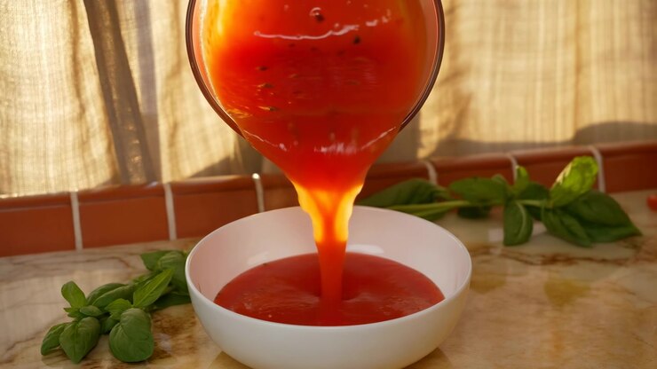 Una salsa rossa vellutata scorre costantemente in una ciotola bianca, riempiendo gradualmente il piatto mentre i frammenti di erbe rimangono visibili e rametti di basilico riposano nelle vicinanze su un piano di lavoro illuminato dal sole