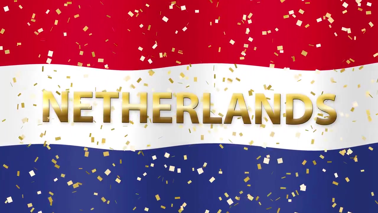 Animerad holländsk flagga vajar bakom gyllene texten "Netherlands" med skimrande konfetti i en sömlös slinga