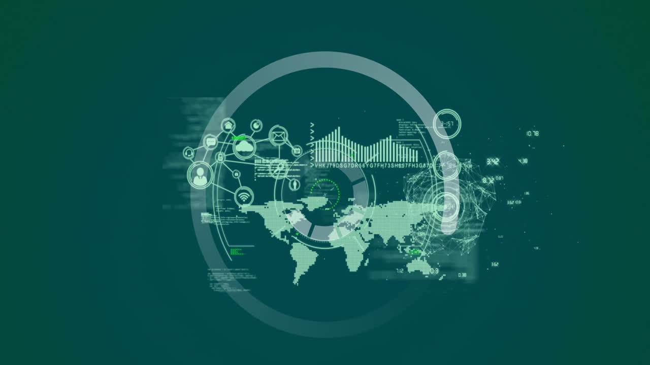 녹색 배경에 있는 금융 데이터 처리 위에 움직이는 원의 애니메이션