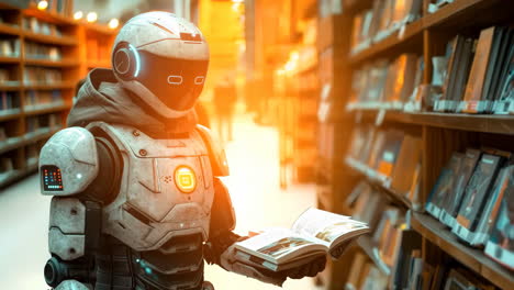 robot reading book in modern library during bright daylight. a robot stands in a library, intently reading a book amidst shelves filled with literature.