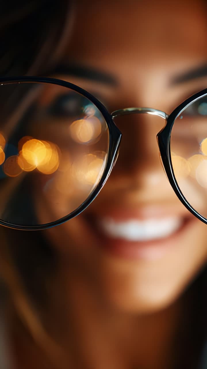 A Beautiful Woman Smiling Brightly, Captured in Two Frames With Stylish Glasses and Warm Bokeh Background, Radiating Joy and Confidence Through Her Smile