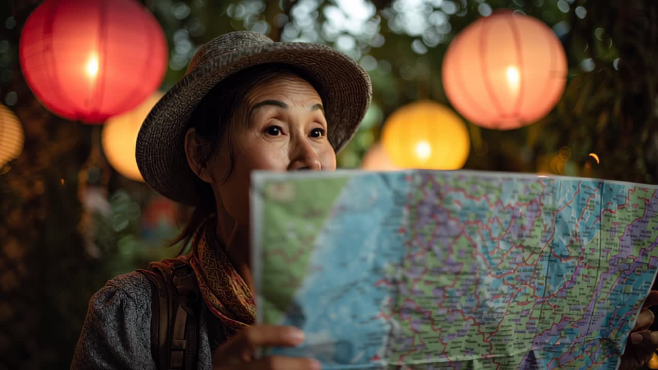 Moden asiatisk kvindelig rejsende med hat og rygsæk, der studerer et papirkort på et pulserende natmarked, omgivet af glødende farverige lanterner og blød aften-bokeh, mens hun udforsker en ukendt by alene.