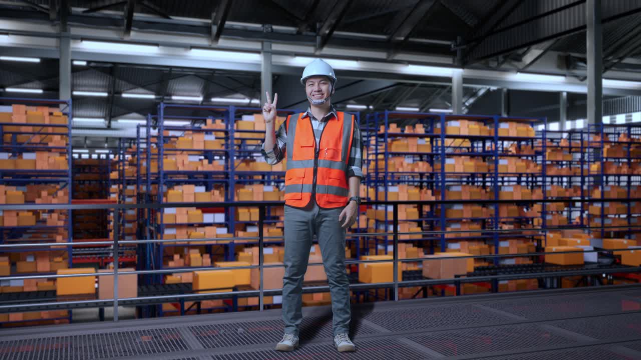 Full Body Of Asian Male Engineer With Safety Helmet Standing In The Warehouse With Shelves Full Of Delivery Goods. Smiling And Showing Peace Gesture In The Storage