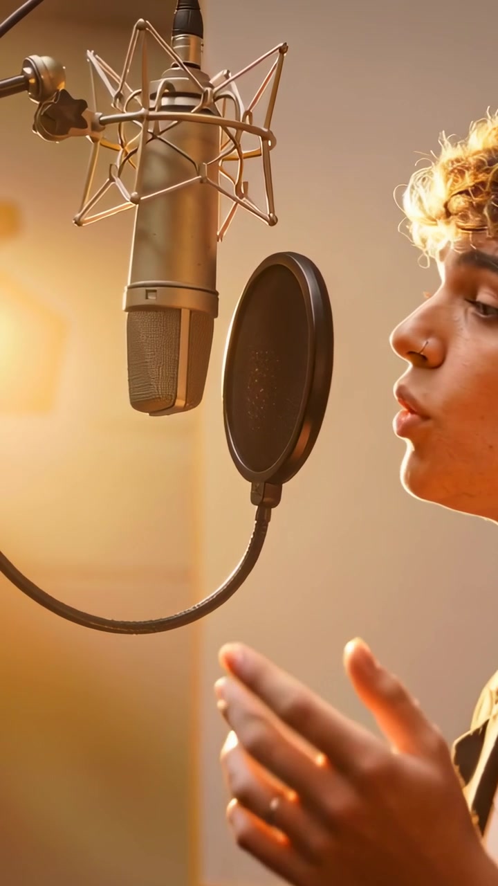 Video verticale: Cantante in blazer che si prepara, chinandosi verso il microfono dello studio con filtro anti-pop mentre canta una ripresa, con spazio per il testo