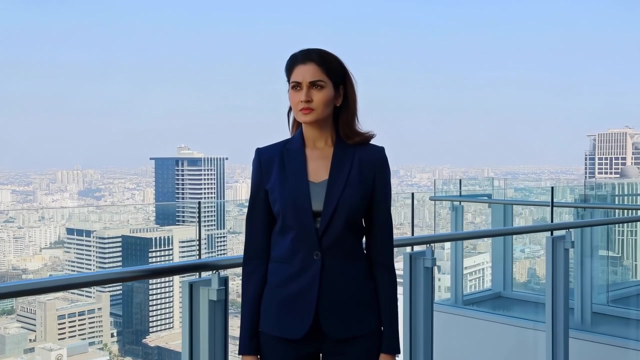 Una mujer profesional seria con un traje oscuro de pie junto a una barandilla de cristal en una terraza elevada en la azotea, con modernos edificios de gran altura y un amplio paisaje urbano