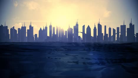 cityscape skyline ocean rising sea level silhouette skyscraper future climate 4k