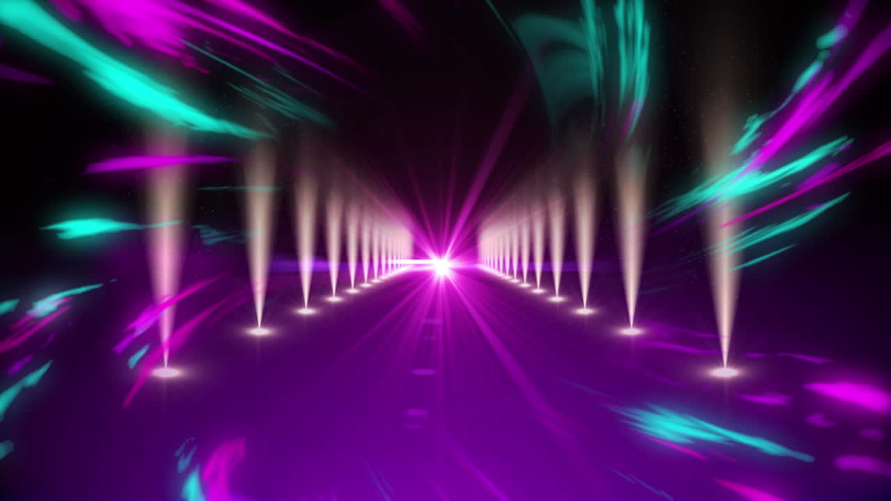 Animation of glowing neon trails spinning in tunnel of glowing lights ...