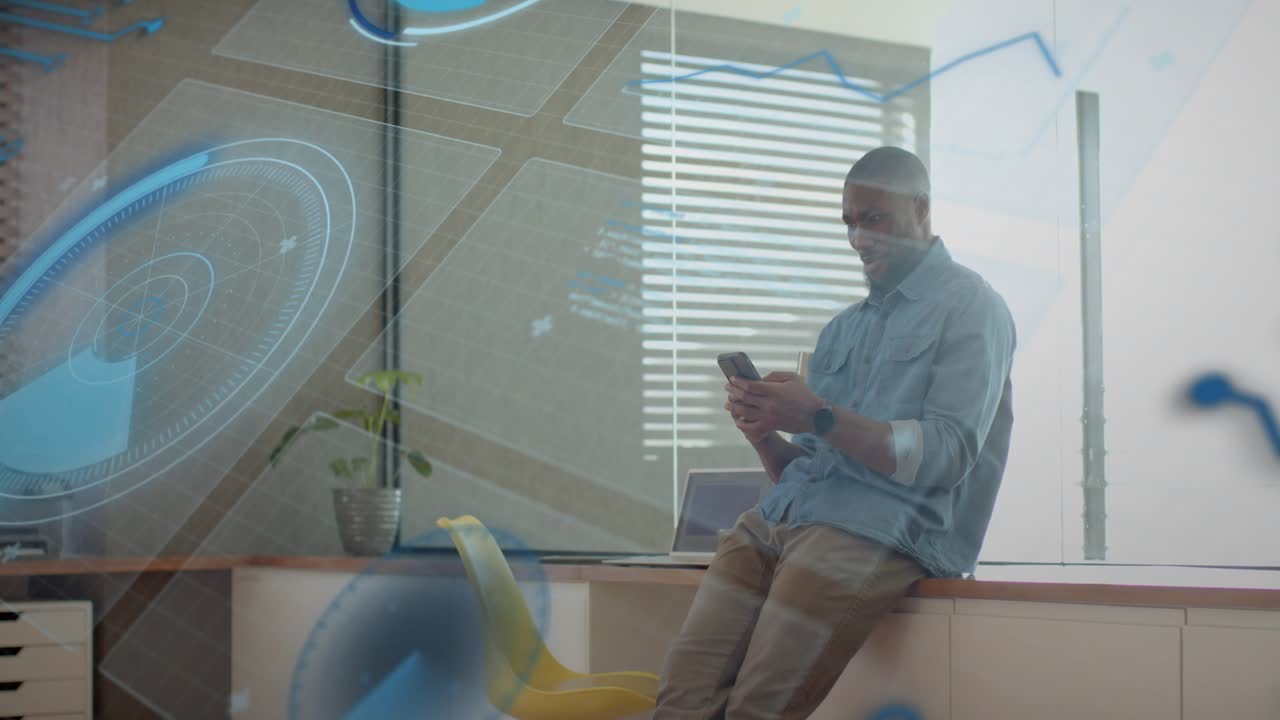 Male office worker tapping phone and scrolling on counter, testing tech AR code sweeping frame