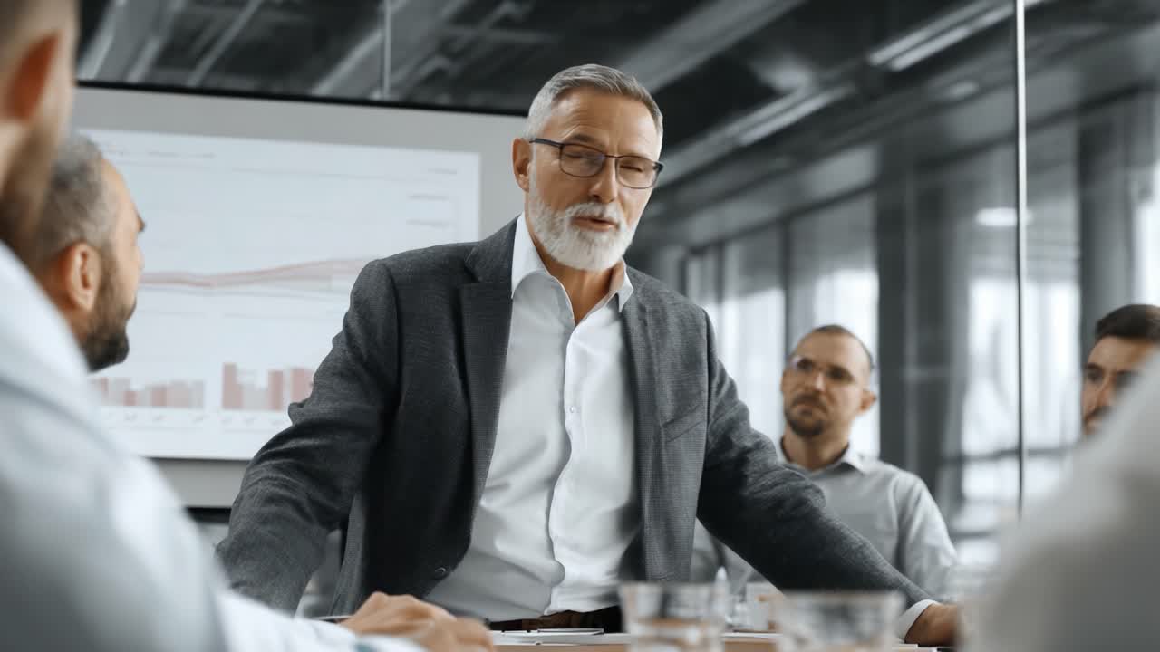 En engagerende forretningspræsentation: En seniorleder, der leder en dynamisk teamdiskussion i et moderne konferencelokale med fokus på strategi og samarbejde