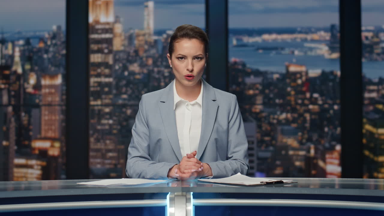 presentadora amistosa reportando eventos en la sala de noticias. presentadora terminando el comunicado de prensa