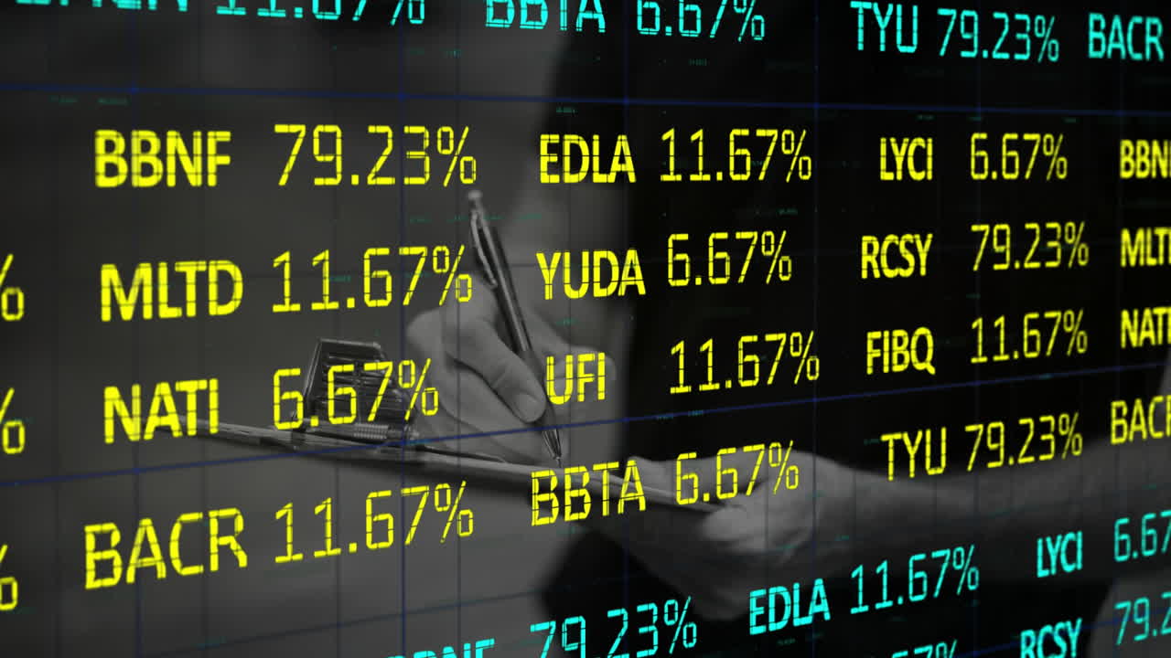 Animazione di elaborazione di dati finanziari su un uomo che scrive in un magazzino.