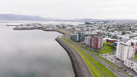 reykjavik aerial view during yearly marathon along coastline, iceland