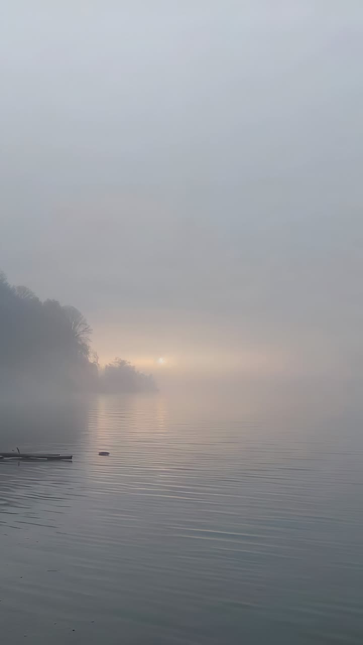 Vertical video: Glowing sunrise causing fog thinning and ripples rising at shore with dock and buoy
