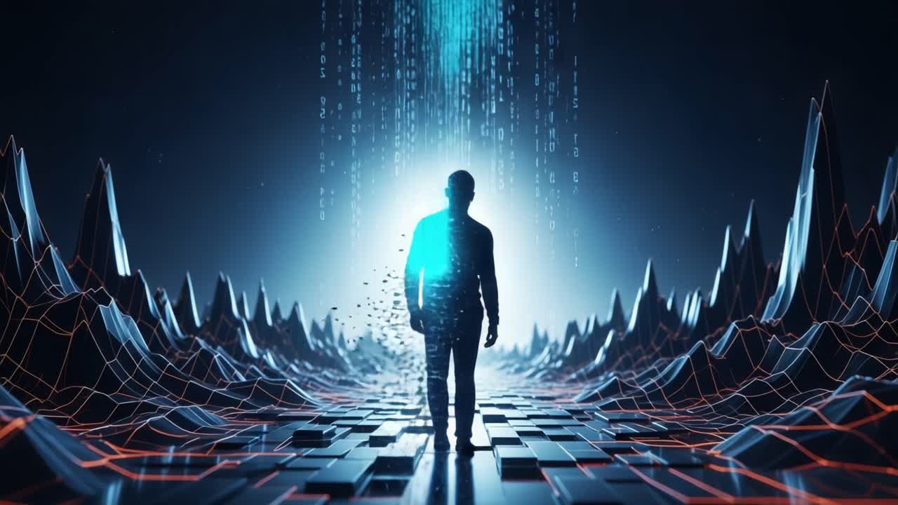 A silhouetted figure emerges from the ethereal data stream, traversing a landscape of dynamic peaks and valleys, representing the intersection of technology and human experience