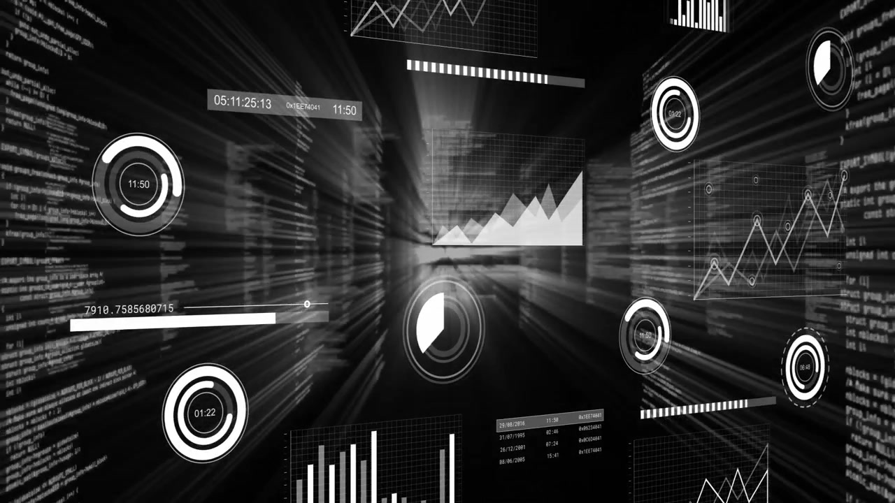 White pie chart graphic floating in glowing data tunnel, showing circular timers and bar charts