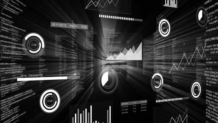 White pie chart graphic floating in glowing data tunnel, showing circular timers and bar charts