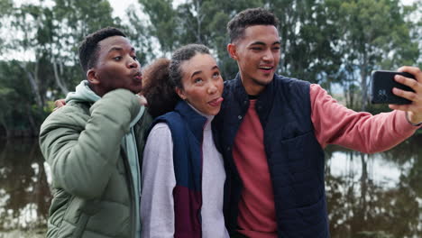 Friends,-camping-and-group-selfie-with-a-smile