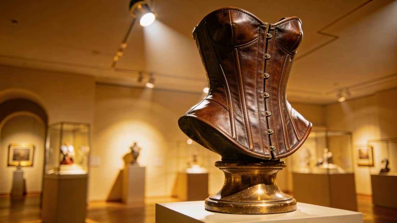Cámara en movimiento revelando una galería de museo, destacando una escultura de corsé de bronce mostrando su textura.