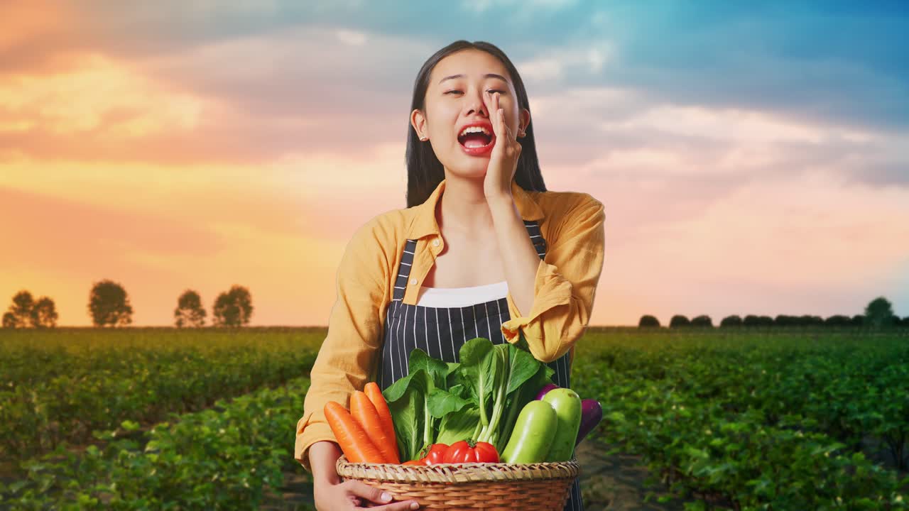 신선 한 채소 를 보여 주는 여자 농부