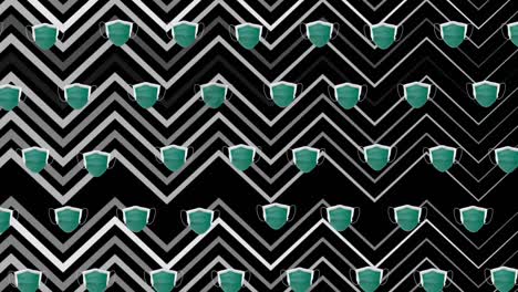 Animation-of-shields-moving-over-black-chevron-background