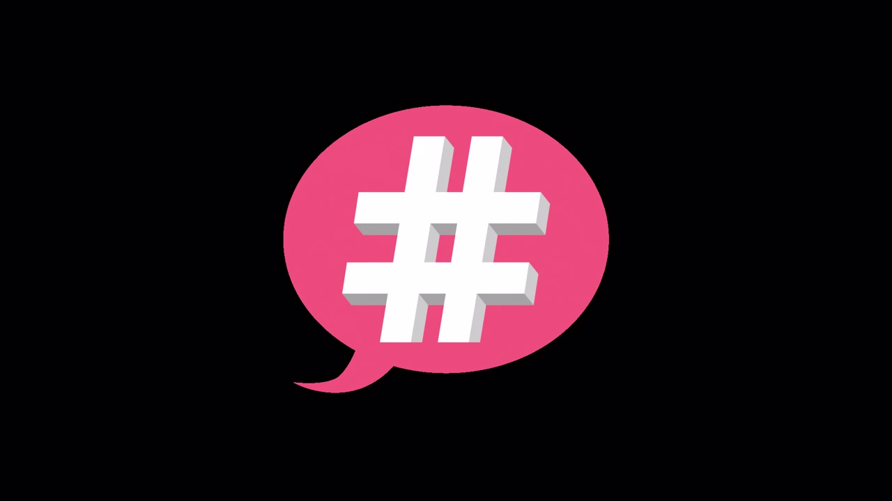 Symbole hashtag 3D animé apparaissant dans une bulle de dialogue rose