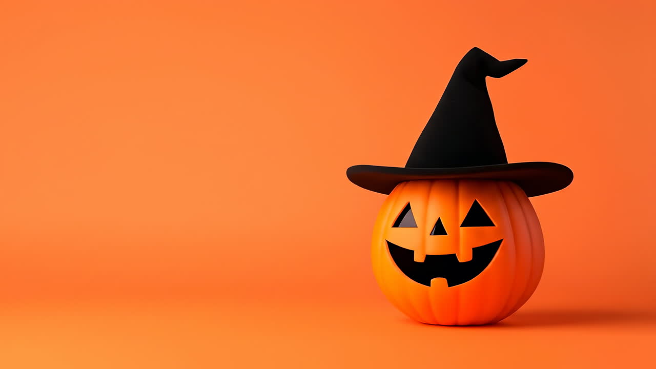 Halloween pumpkin with witch hat. A cheerful carved Halloween pumpkin wearing a witch hat on an orange background