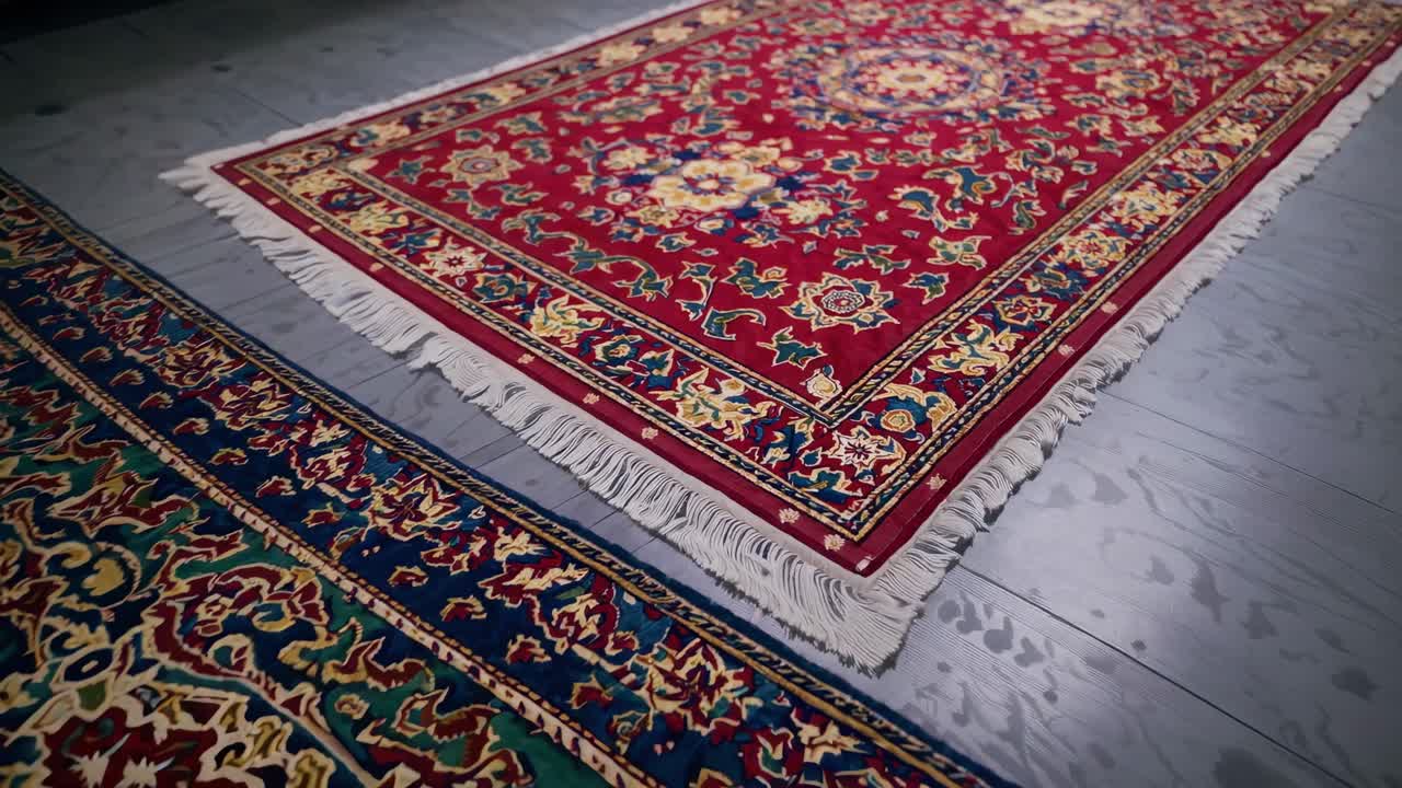 Traditional Oriental rug displaying intricate floral design, fringed edges resting on weathered gray wooden flooring, highlighting artisan textile craftsmanship