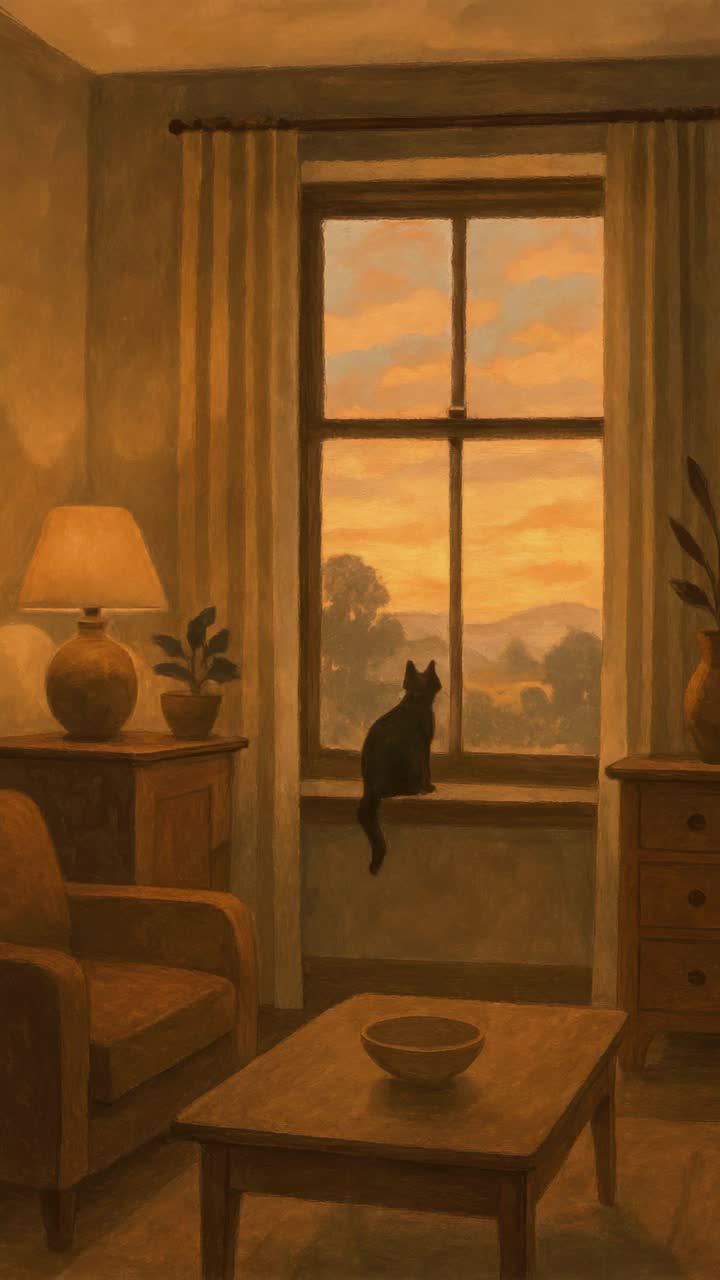 Warm, vintage-style room with a cat on the windowsill at sunset