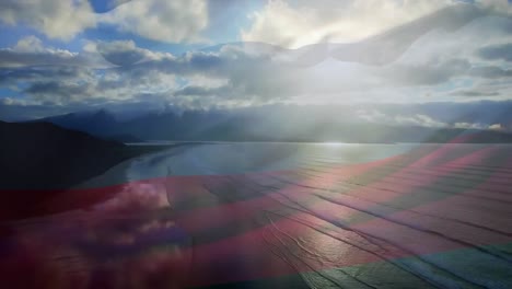 animación de la bandera de rusia ondeando sobre el paisaje marino de la playa