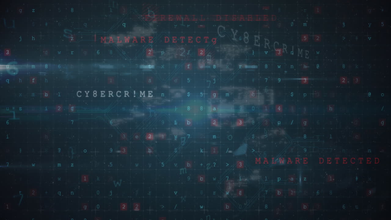 Animation of icons and data processing on black background