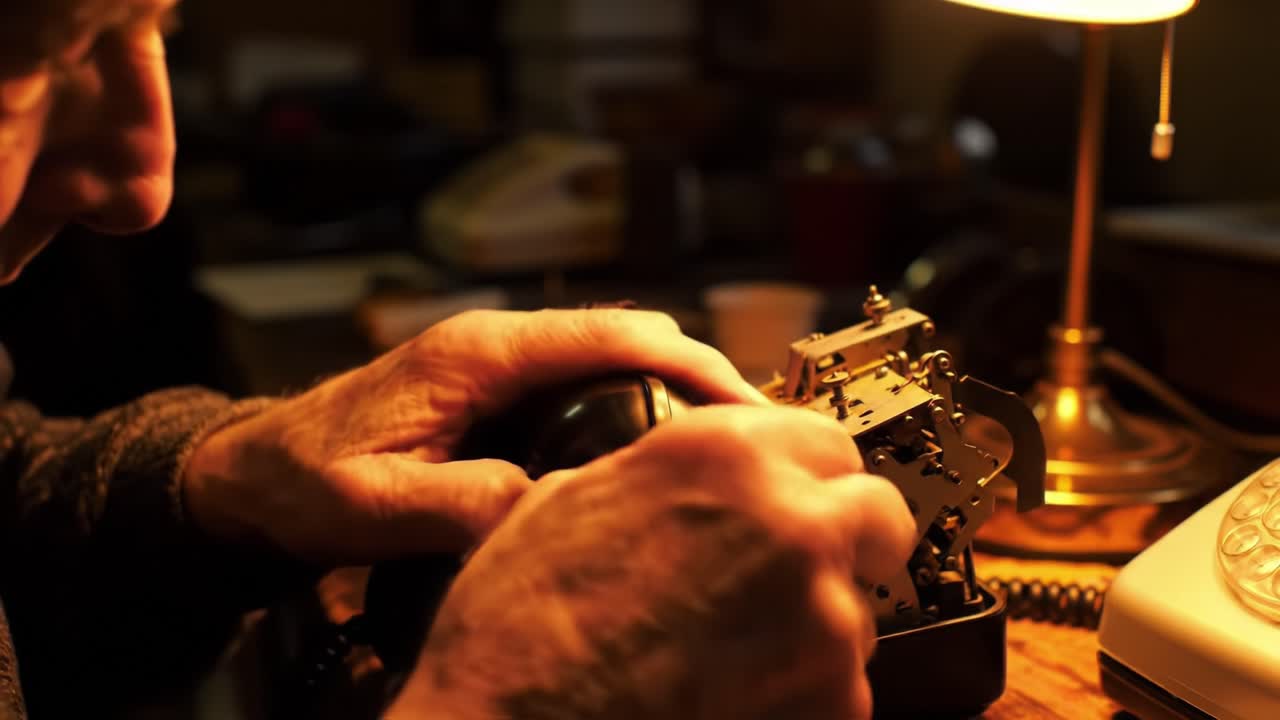 An Artisan's Touch: Intimate Moments of Precision in Engineering as Hands Skillfully Adjust a Complex Mechanism under Warm Light