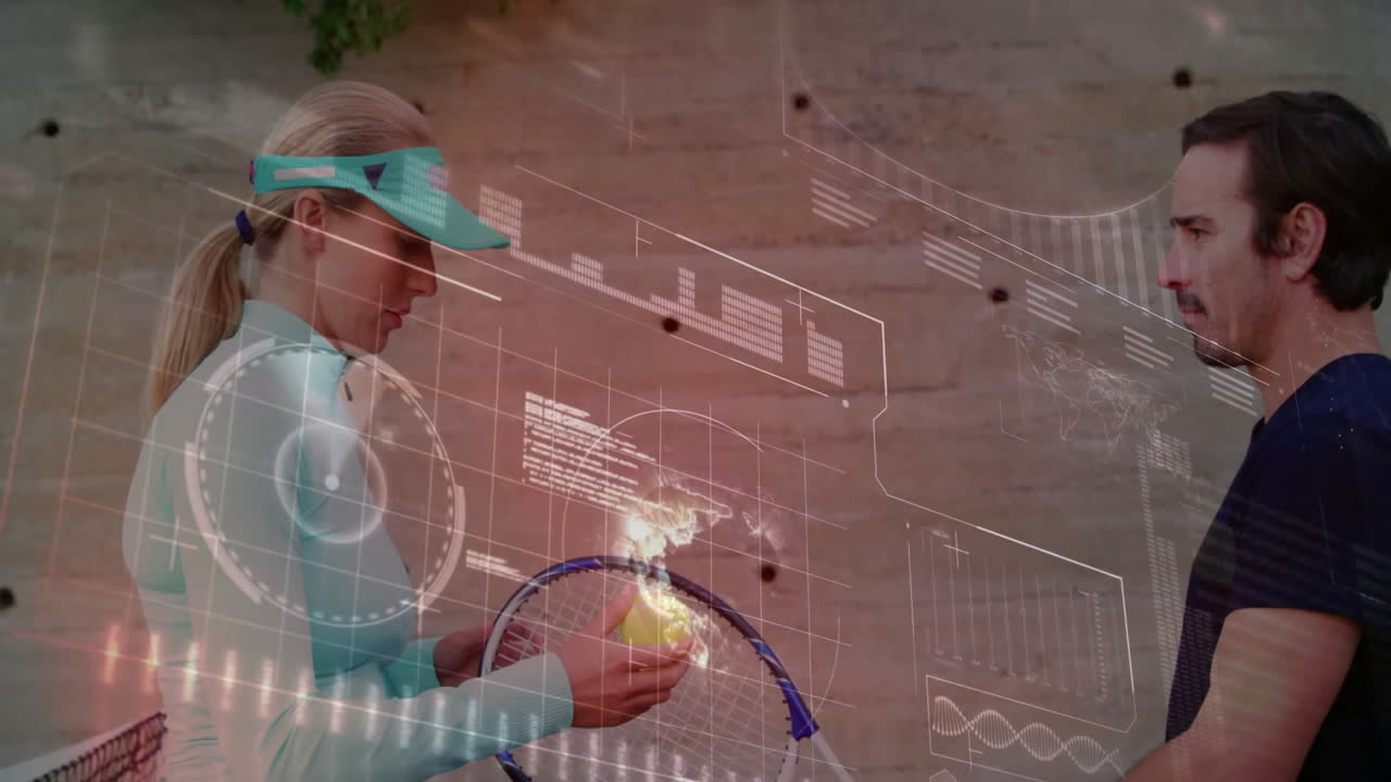 Tennis coach and student exchanging ball on court, overlaying sports coaching data and world map