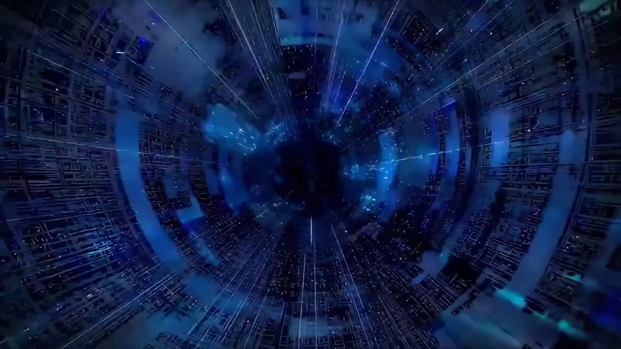 Futuristic video of a digital tunnel with a rotating camera angle, glowing blue lights