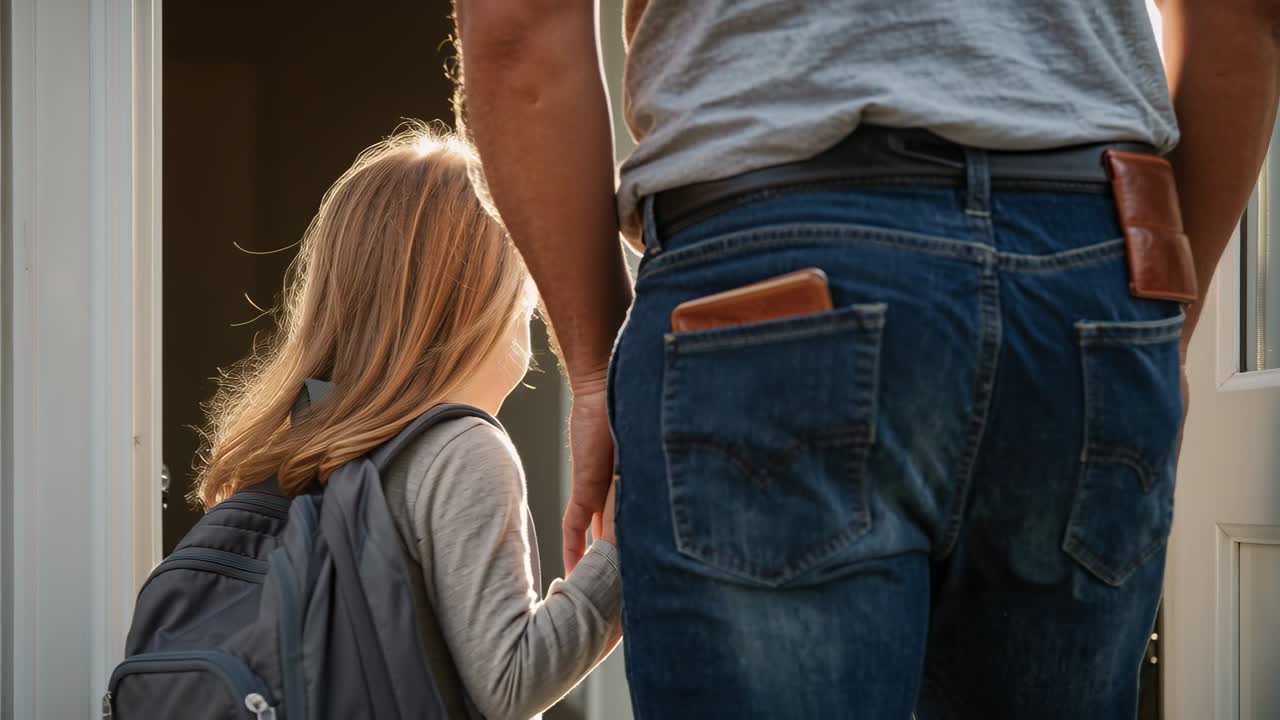 Dad offering hand, girl reaching, stepping through door to exit, gray backpack, wallet, copy space