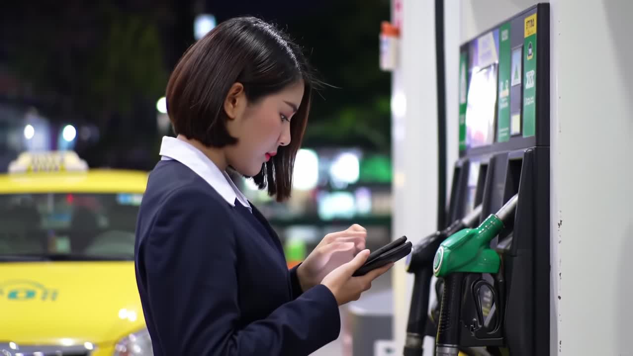 A woman in a dark blazer using her smartphone at a fuel station, engaged in a digital task as she interacts with the gas pump surroundings, illuminated by urban lights