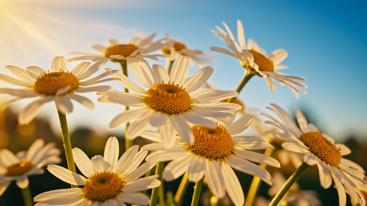 Margherite bianche che sbocciano in un prato sotto la calda luce dorata del sole