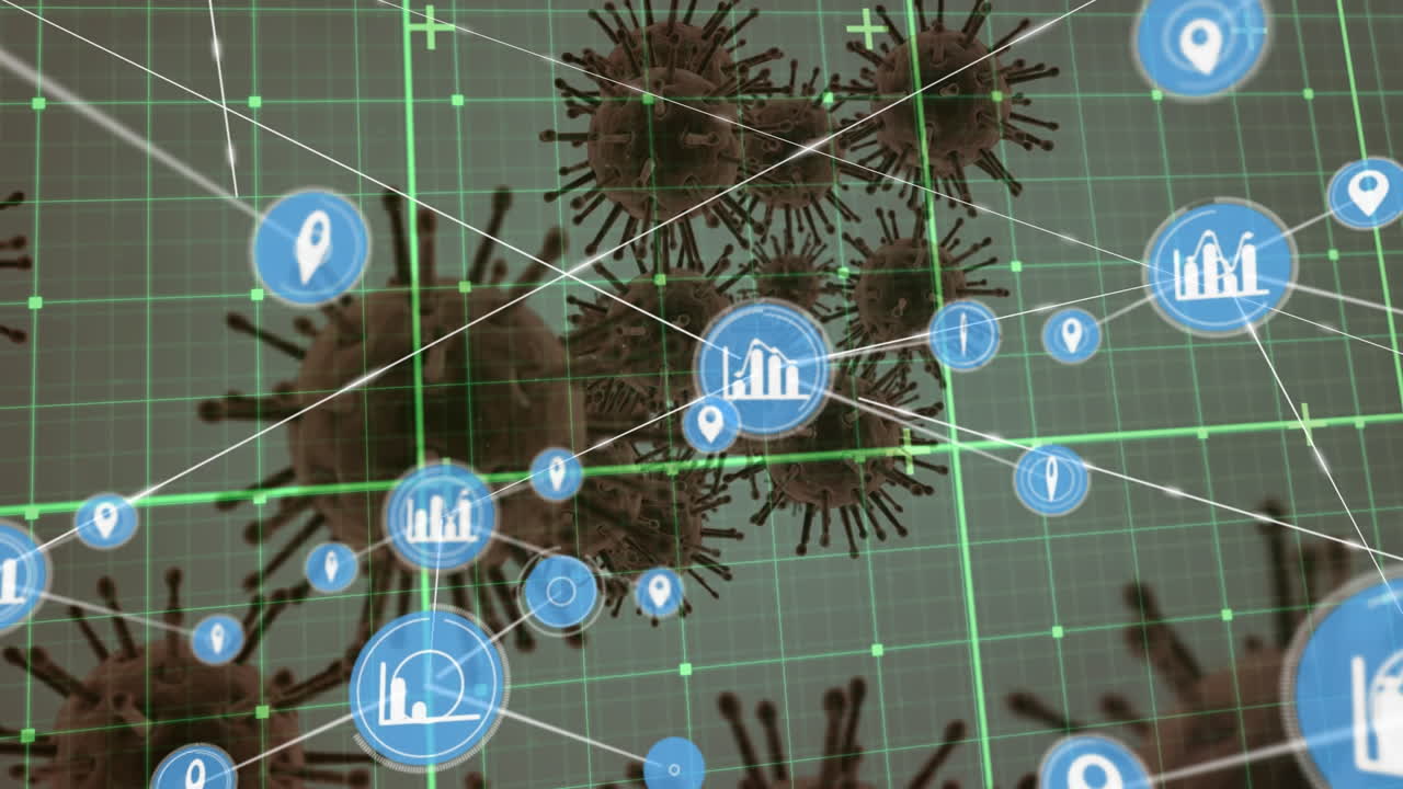 회색 배경에 있는 여러 코로나19 세포에 대한 그리드 네트워크를 통한 디지털 아이콘 네트워크