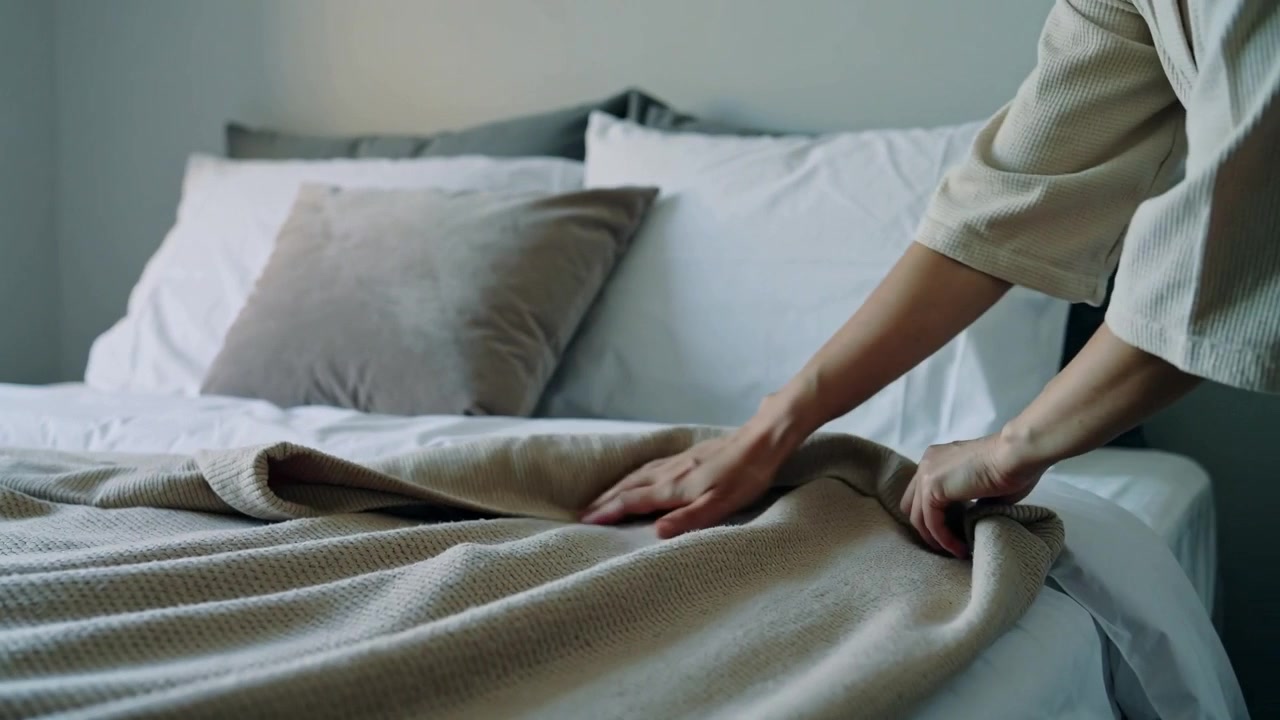 Adulto con maglietta color crema che allunga la mano destra, tirando e lisciando la coperta sul letto della camera da letto, riordinando, con spazio per il testo.
