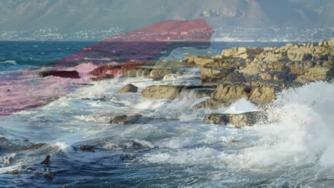 animation of flag of netherlands blowing over coastal rocks and waves in sea