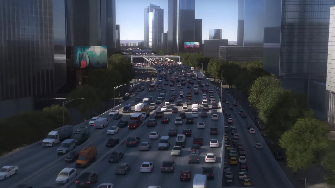 Busy City Highway with Heavy Traffic and Modern Skyscrapers