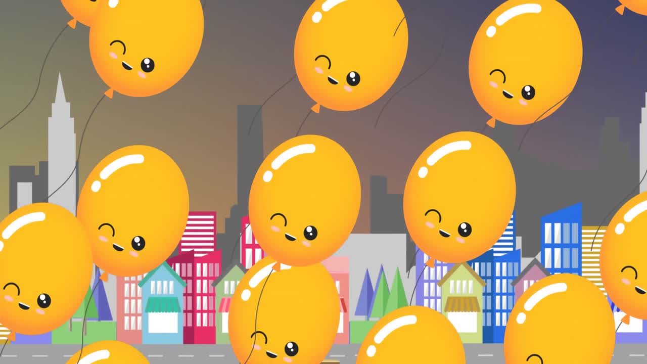 animación de globos amarillos con sonrisa volando sobre el paisaje urbano